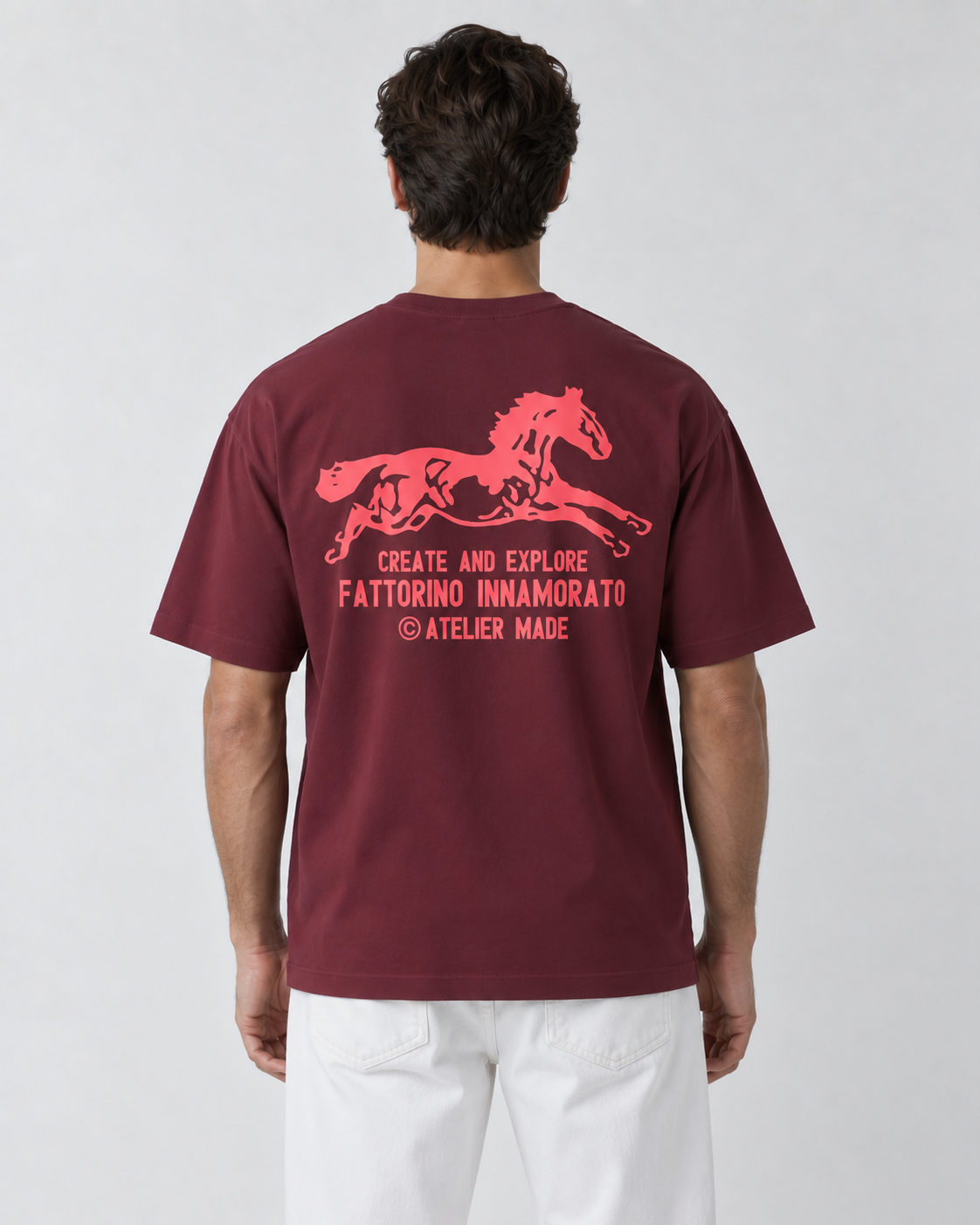 Fattorino Innamorato burgundy tshirt. Premium oversized tshirt with horse desgin