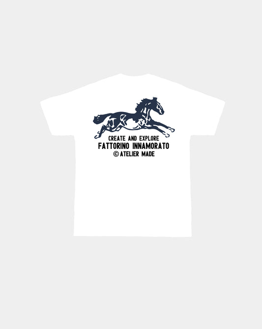 White t-shirt with black horse graphic and text on a white background. Fattorino Innamorato Cavallo White