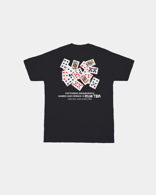 Black t-shirt with playing card design and text on a white background. Fattorino innamorato play cards black 
