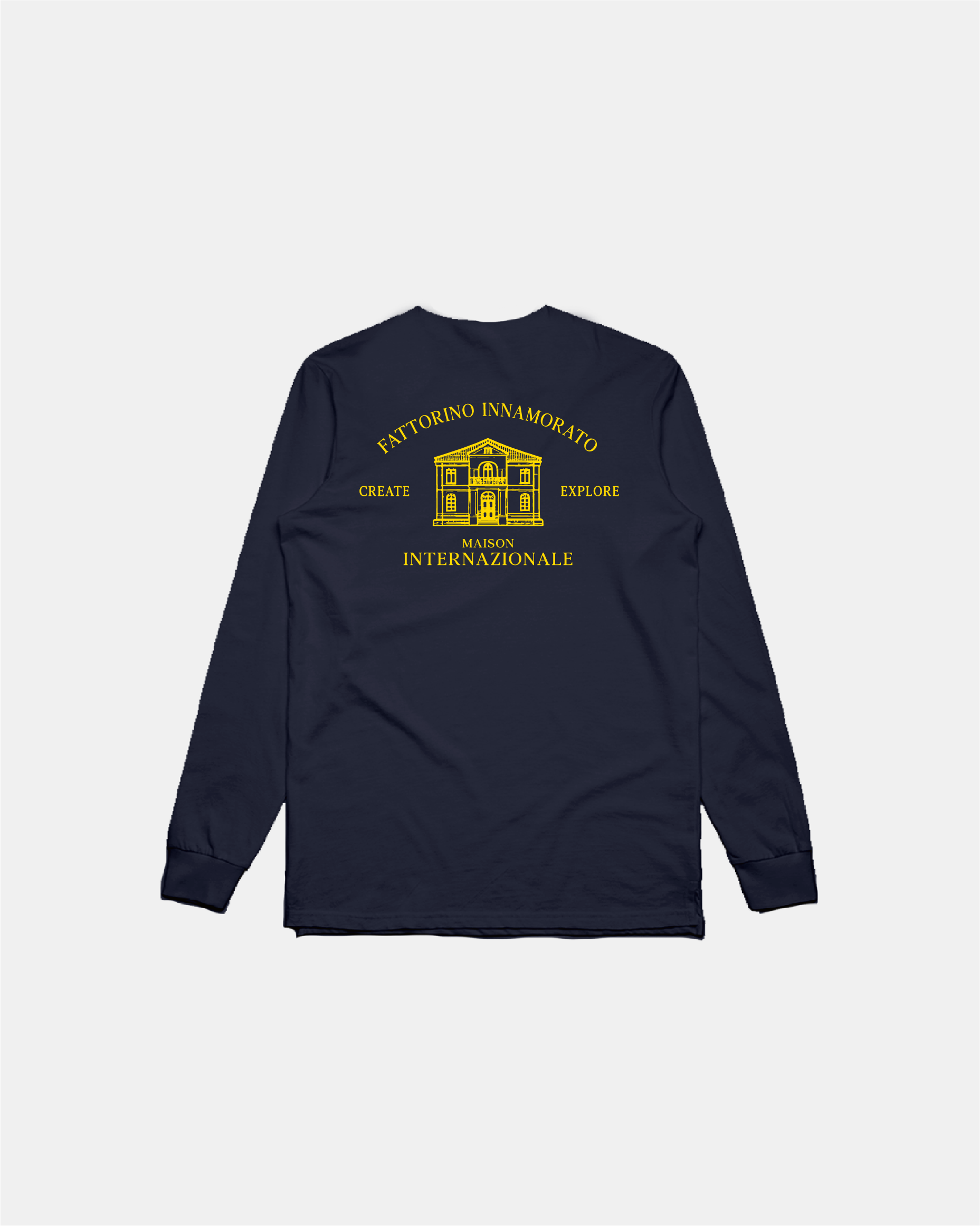 Navy long-sleeve shirt with yellow text and logo on a light gray background. Fattorino Innamorato maison 