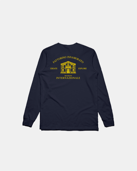 Navy long-sleeve shirt with yellow text and logo on a light gray background. Fattorino Innamorato maison 
