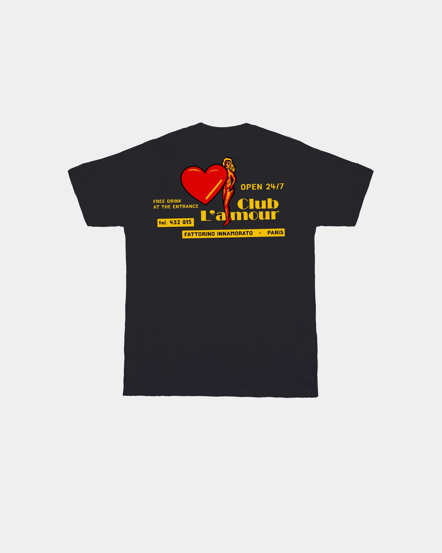 Black t-shirt with colorful graphic design on the back against a white background. Fattorino Innamorato club l'amour 