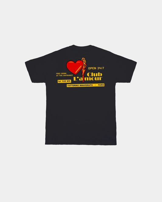 Black t-shirt with colorful graphic design on the back against a white background. Fattorino Innamorato club l'amour 