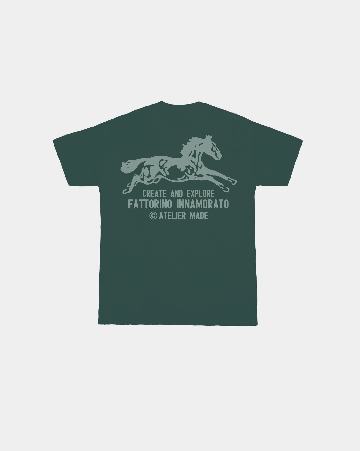 Green t-shirt with a horse graphic and text on the back against a white background. Fattorino Innamorato cavallo green