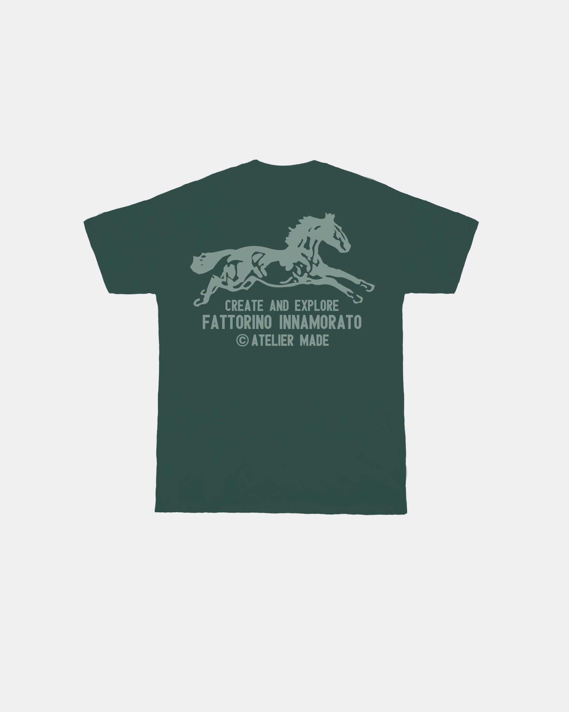 Green t-shirt with a horse graphic and text on the back against a white background. Fattorino Innamorato cavallo green