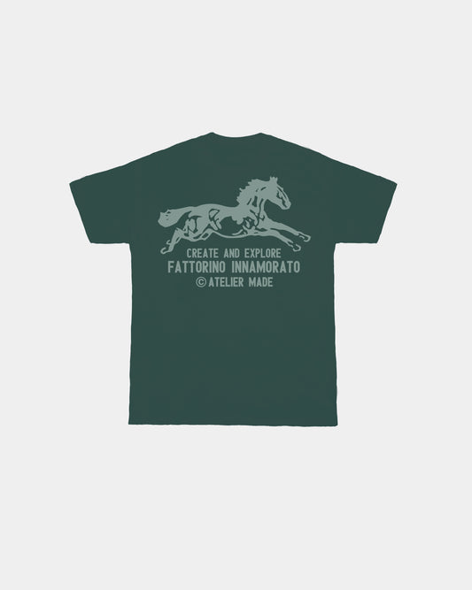 Green t-shirt with a horse graphic and text on the back against a white background. Fattorino Innamorato cavallo green