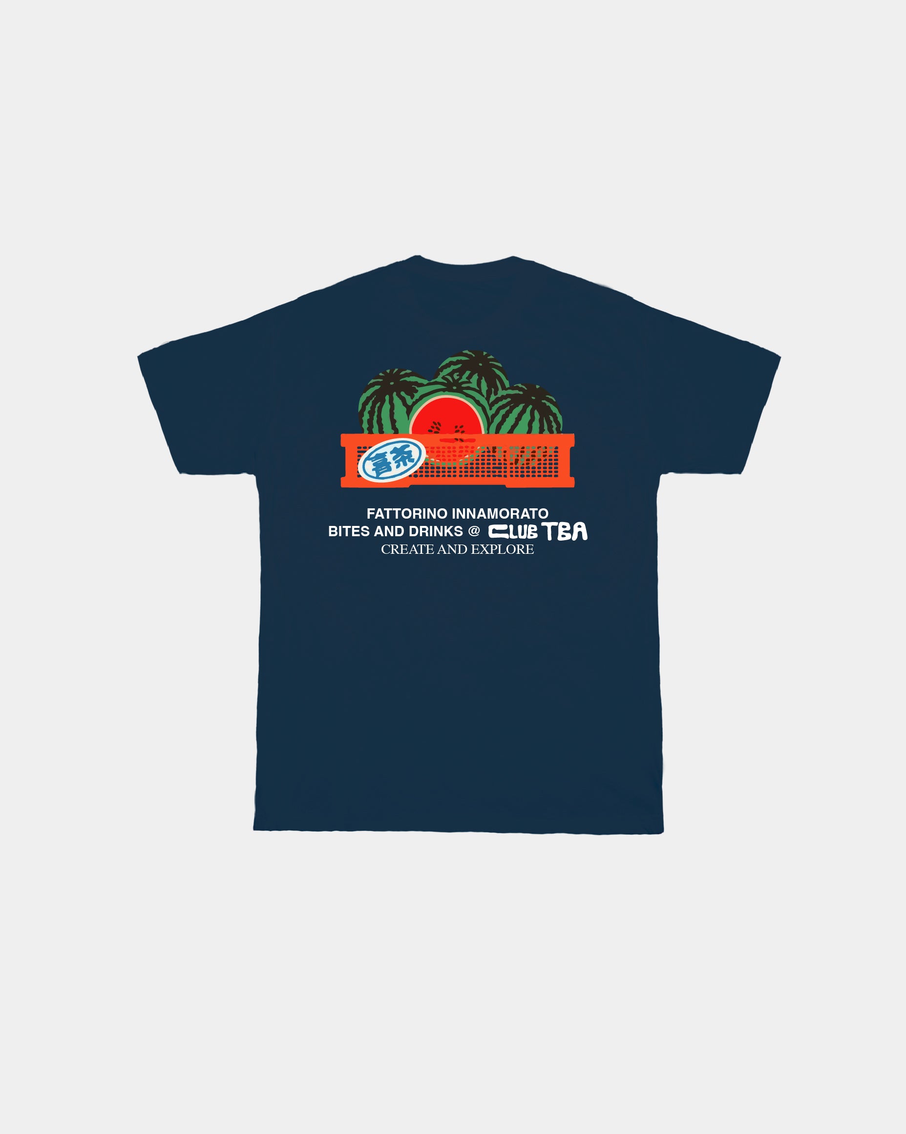Navy blue t-shirt with a tropical graphic and text on a white background, watermelons. Fattorino Innamorato cocomero navy 