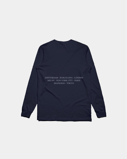 Fattorino. Cities. Navy long-sleeve shirt with text on the back against a white background