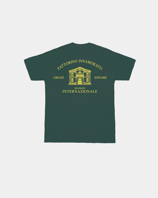 Green t-shirt with a graphic and text on the back against a white background. Fattorino Innamorato maison green