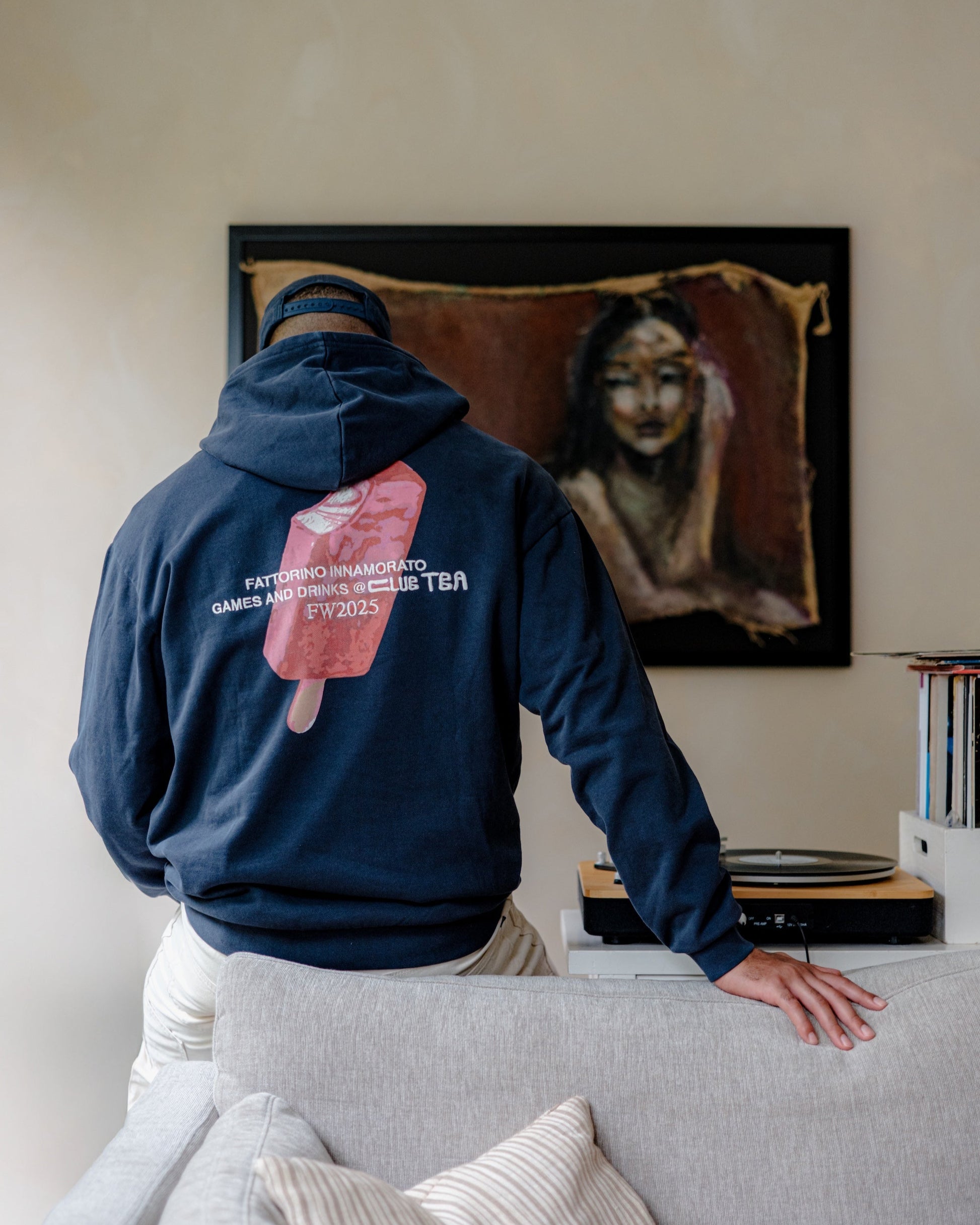 Fattorino Innamorato hoodie. Gelato. Red ice cream. Navy hoodies acid washed