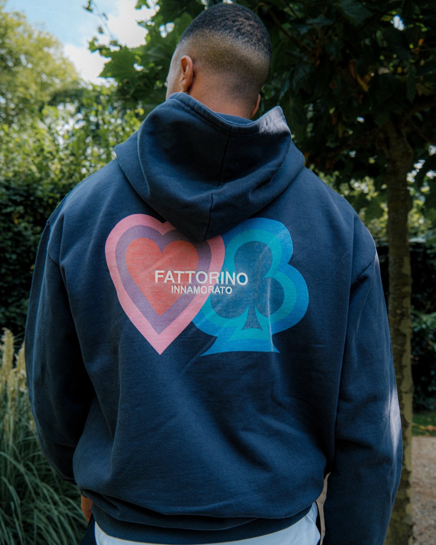 Fattorino Innamorato. Navy acid washed hoodie. Play design. Clover and heart 