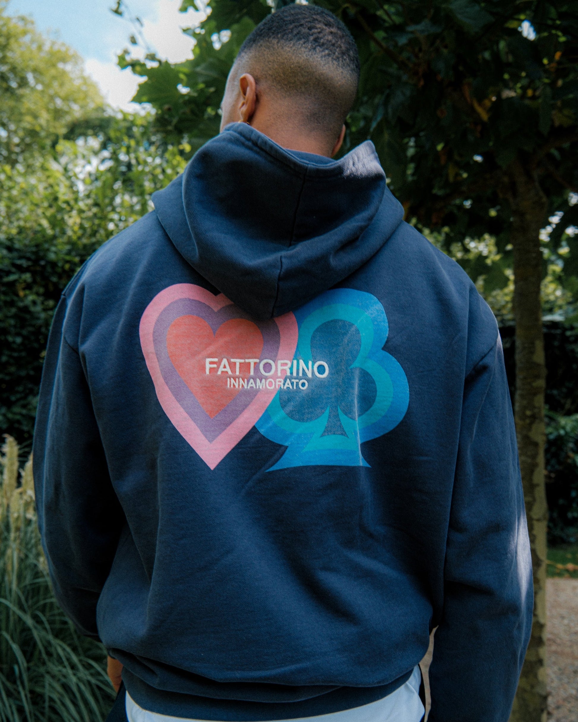Fattorino Innamorato. Navy acid washed hoodie. Play design. Clover and heart 