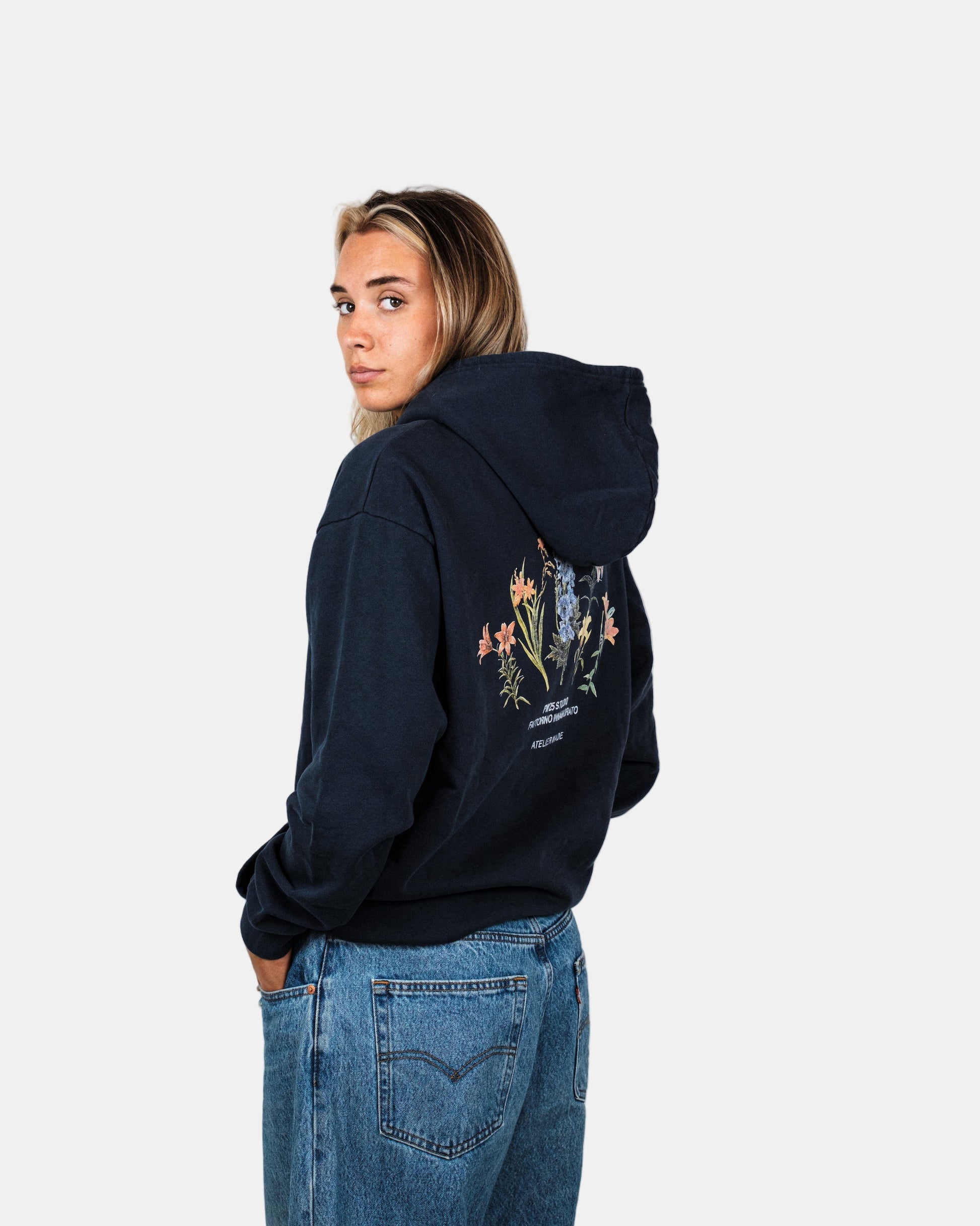 Fattorino Innamorato navy acid washed unisex flowers hoodie