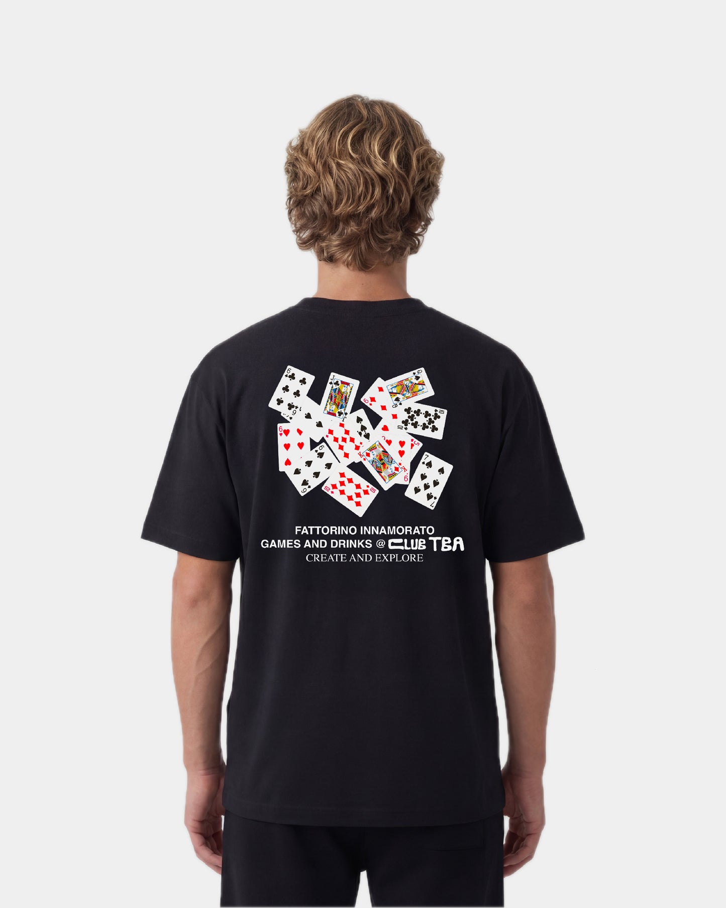 Black t-shirt with playing card design and text on a white background. Fattorino innamorato play cards black 