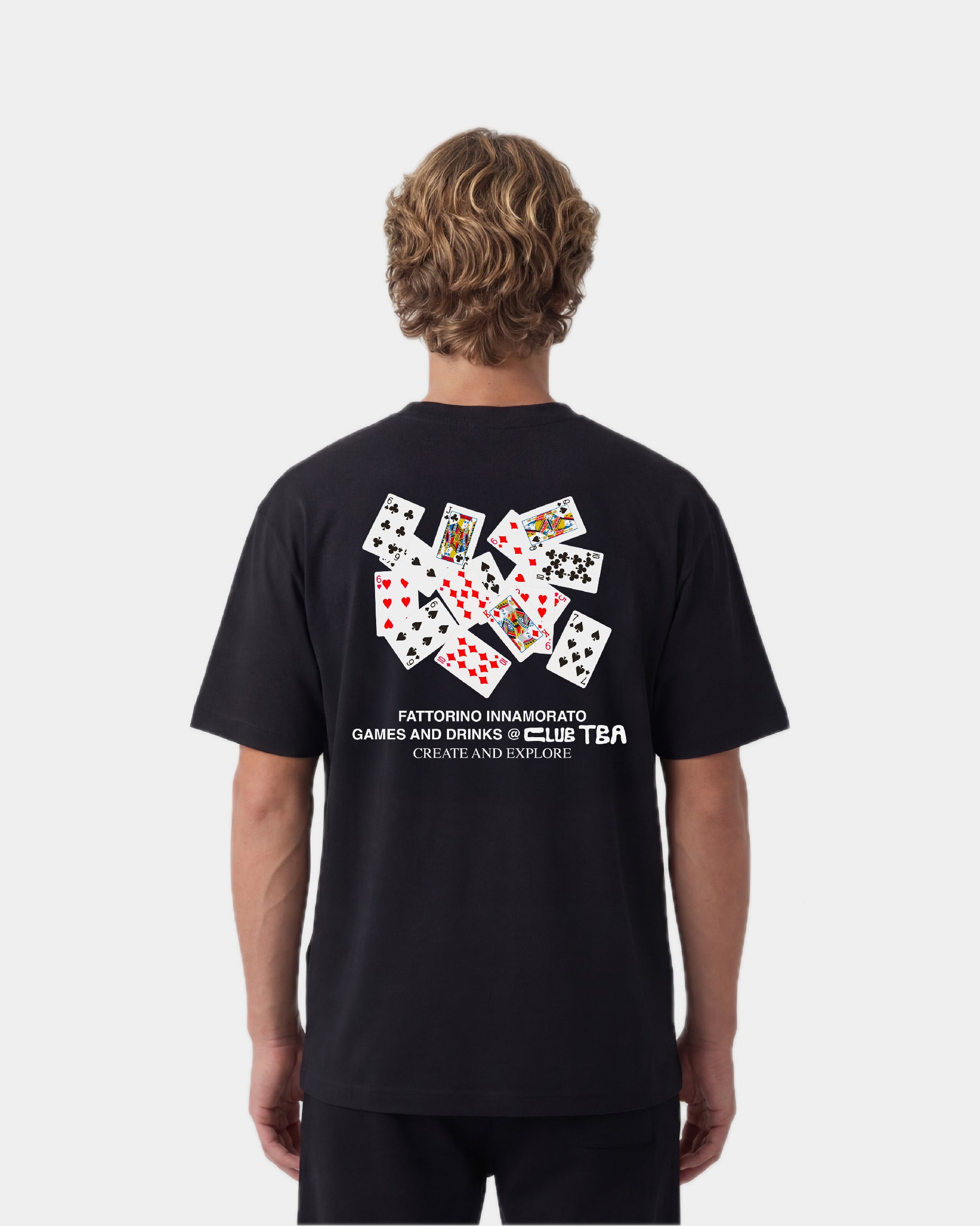 Black t-shirt with playing card design and text on a white background. Fattorino innamorato play cards black 