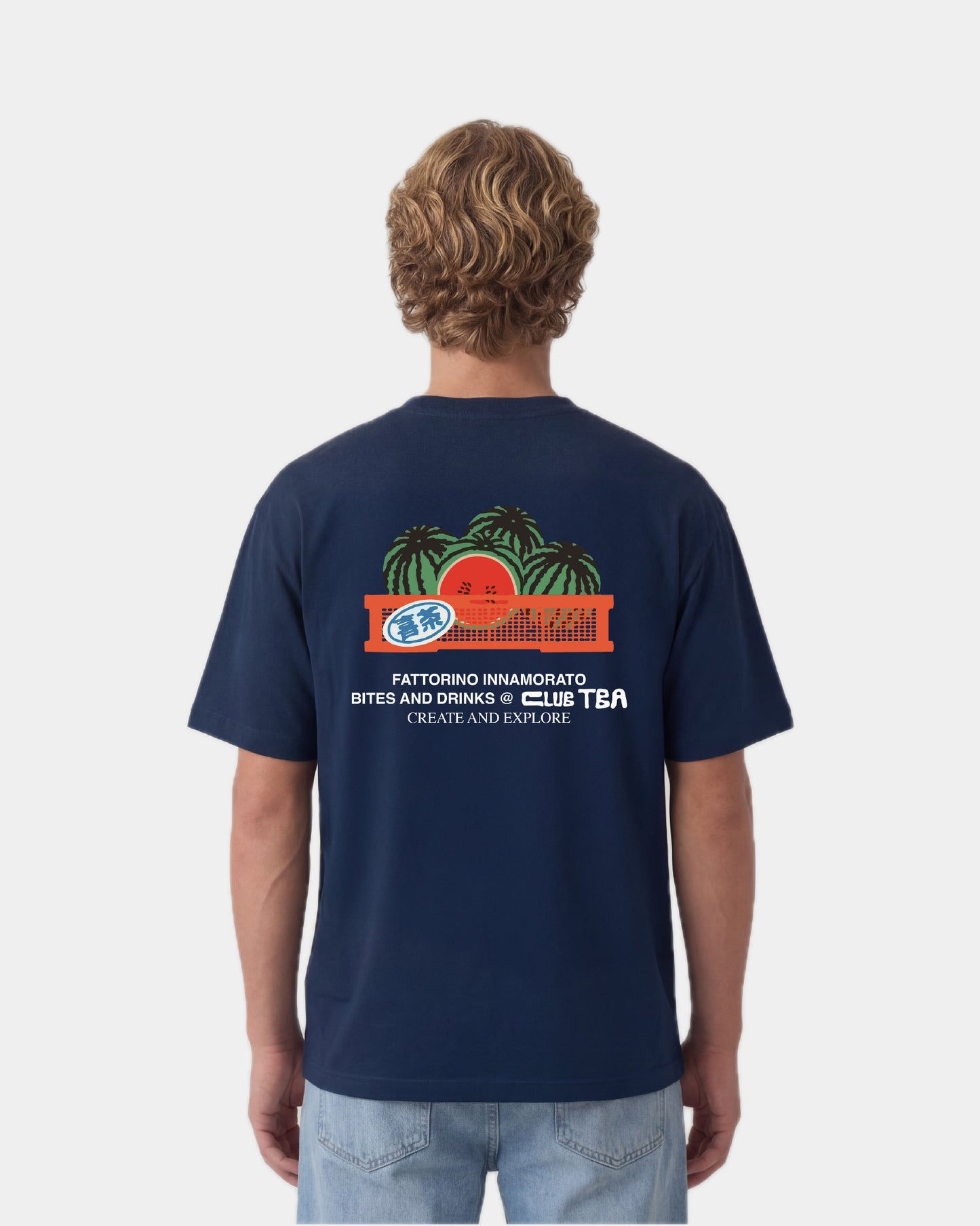 Navy blue t-shirt with a tropical graphic and text on a white background, watermelons. Fattorino Innamorato cocomero navy 
