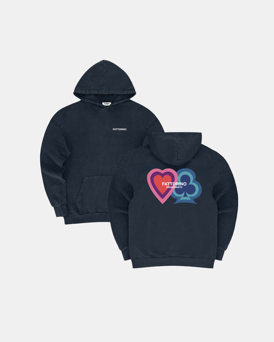 Colorful navy hoodie. Acid washed. Fattorino Innamorato, heart and clover. 