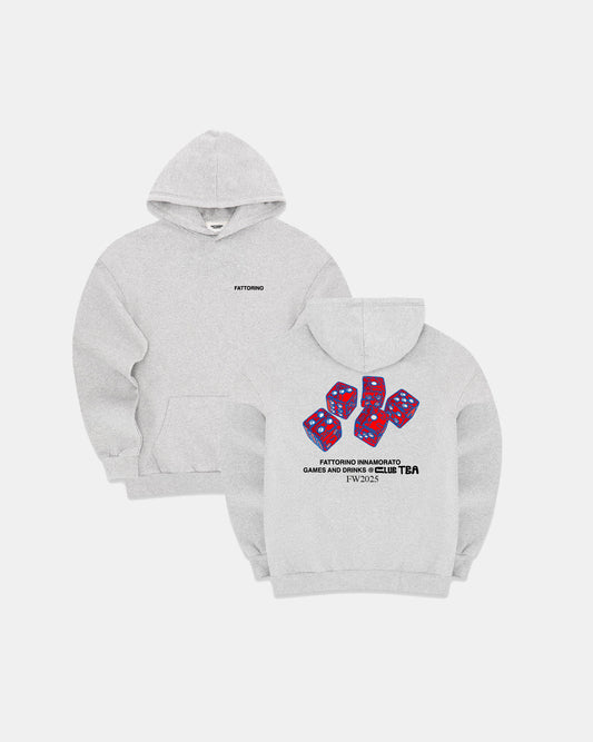 Gray hoodie with graphic dice desig on a white background. Fattorino Innamorato