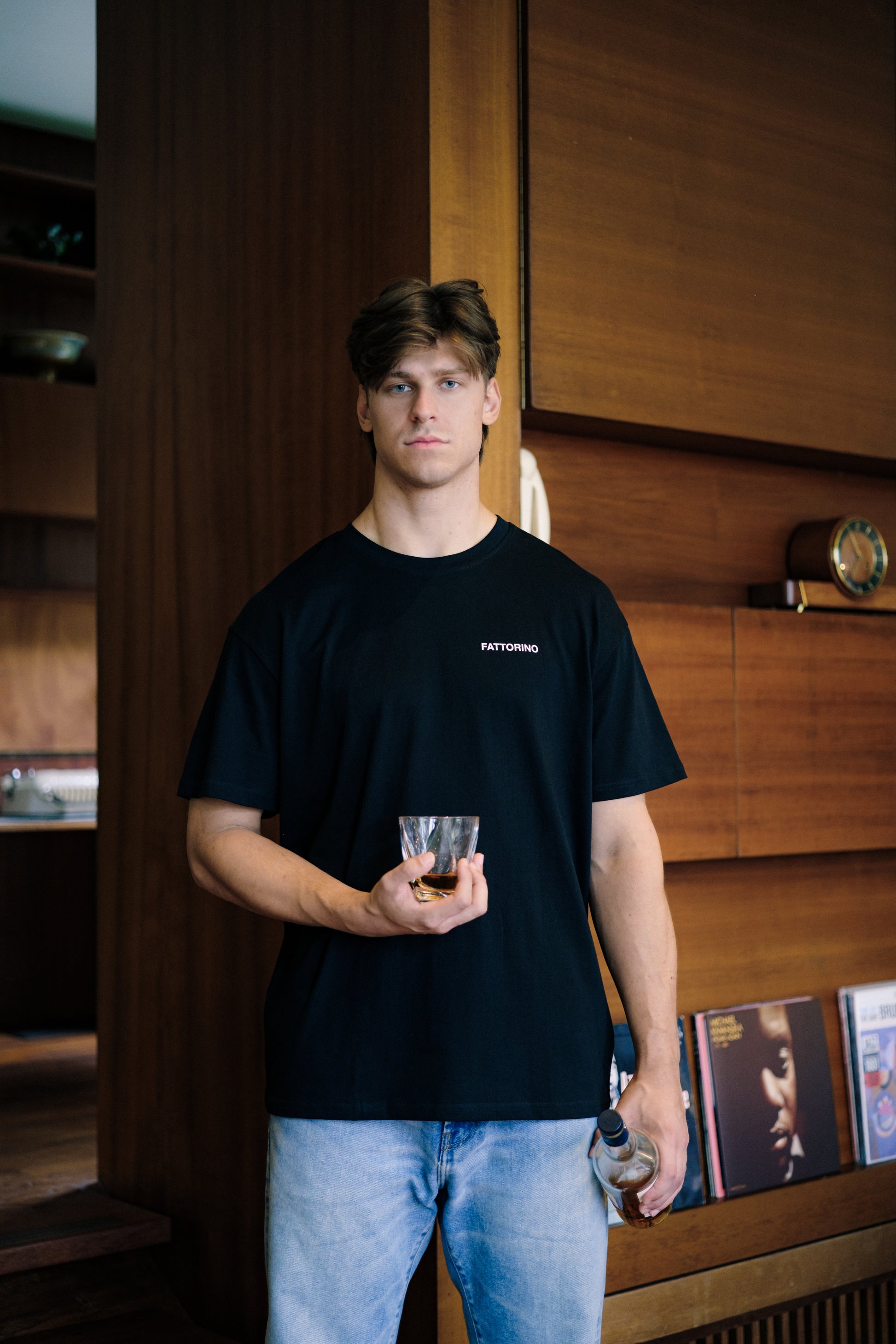 Black drinks fattorino innamorato tshirt front