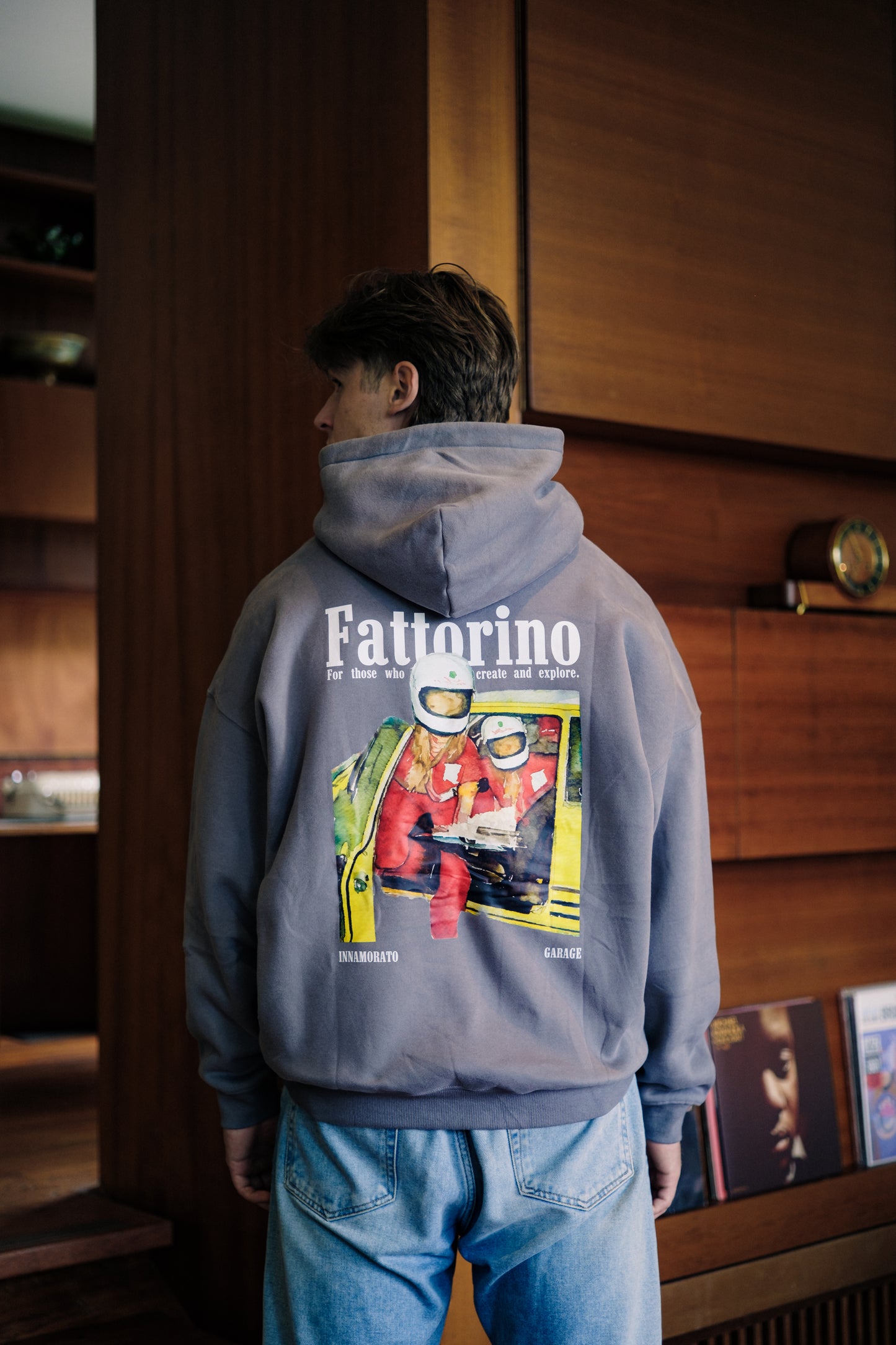 Dark grey hoodie with car and people garage fattorino innamorato back