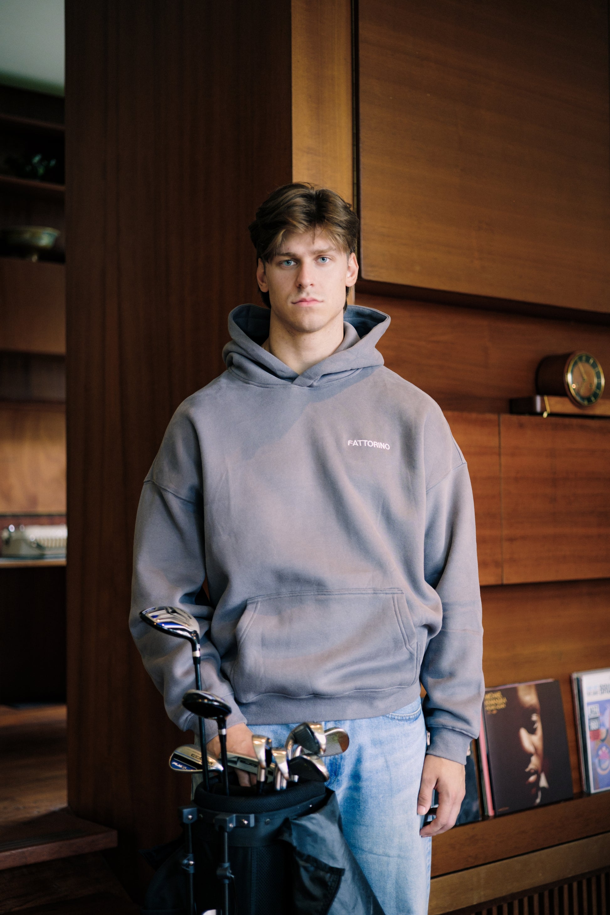 Dark grey hoodie with car and people garage fattorino innamorato front