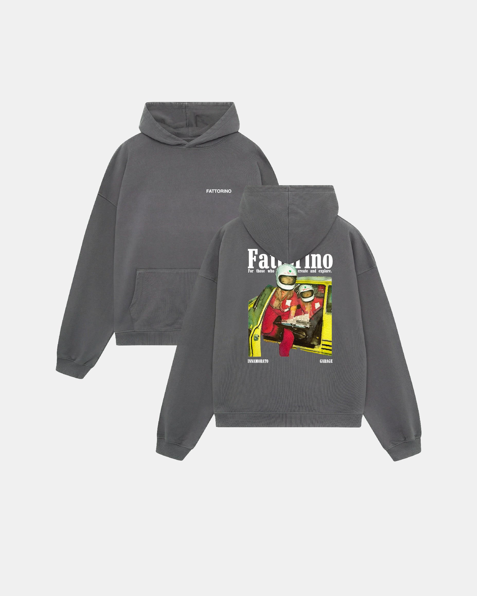 Dark grey hoodie with car and people garage fattorino innamorato 