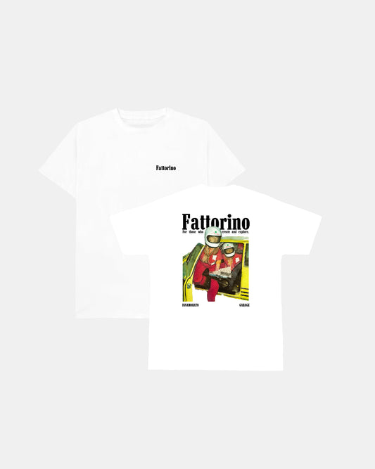 White tshirt with people and car garage fattorino innamorato  