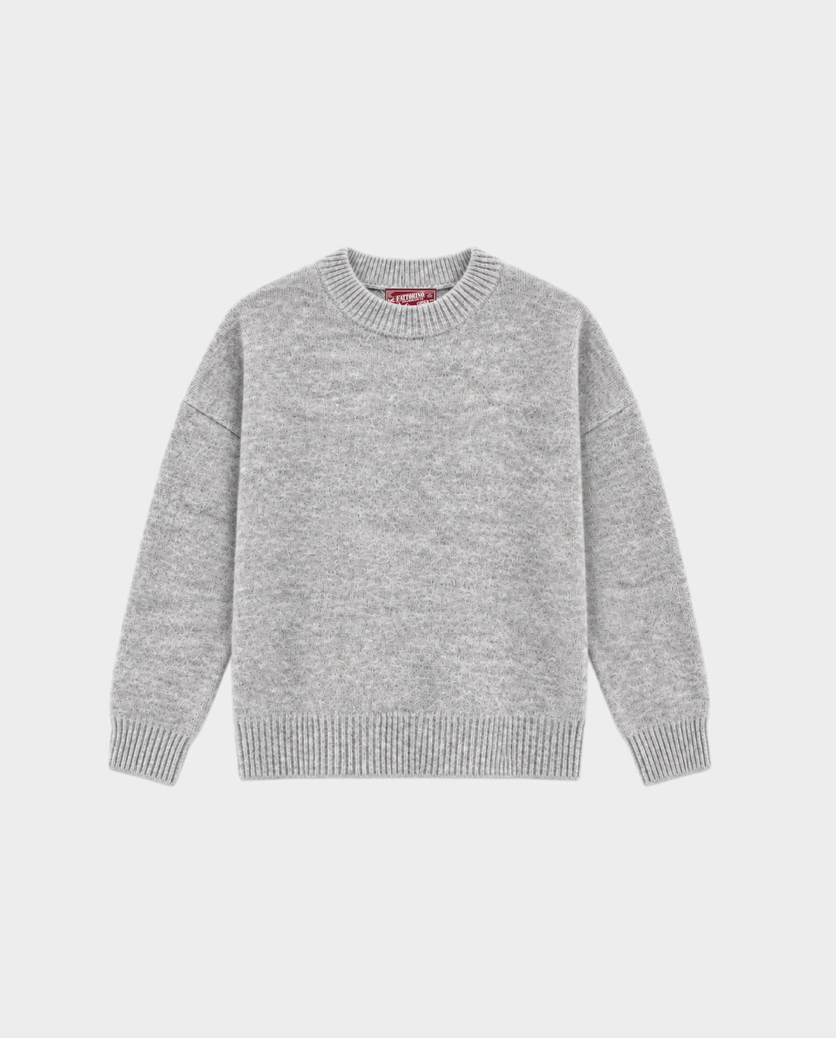 A light grey heathered knit crewneck sweater with ribbed cuffs and hem, displayed flat against a light gray background. Fattorino Innamorato grey knitwear sweaeter 