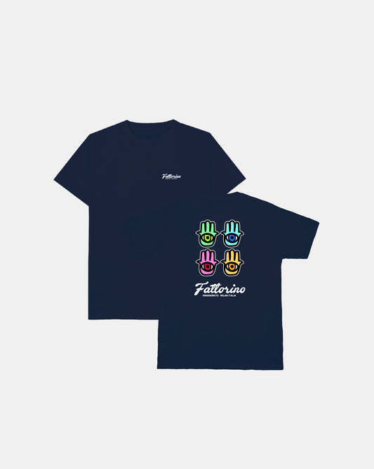 Navy blue tshirt with colorful hamsa hands fattorino innamorato  