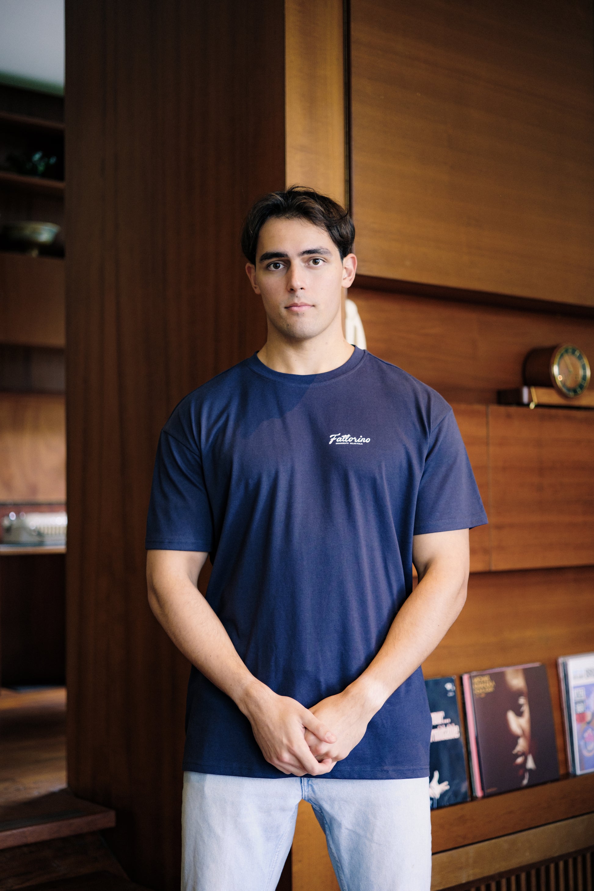 Navy blue tshirt with colorful hamsa hands fattorino innamorato  front