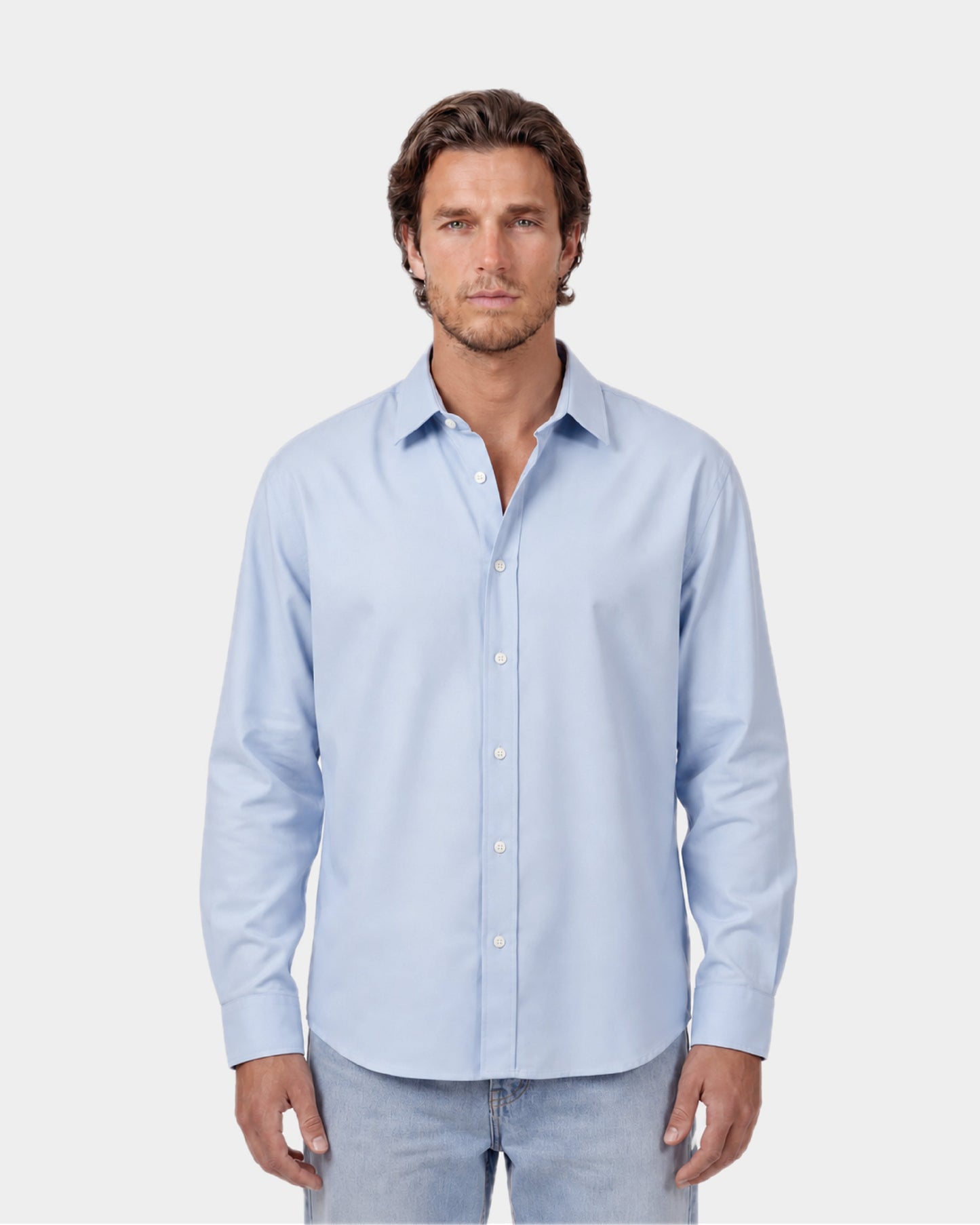 Light blue Fattorino Innamorato shirt. Man wearing jeans and oxford shirt 