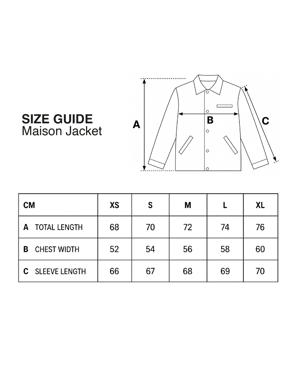 Size guide diagram for a Maison Jacket showing a simple line drawing of the jacket with labeled dimensions A, B, and C, plus a sizing table from XS to XL in centimeters.