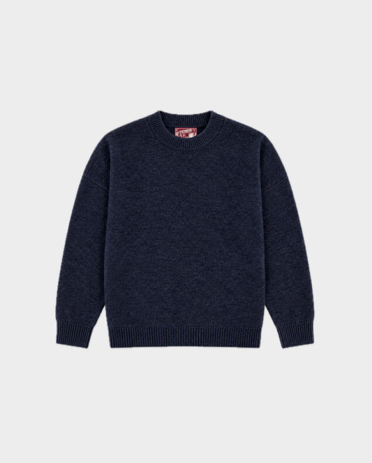 A dark navy blue knit crewneck sweater with ribbed cuffs and hem, displayed flat against a light gray background. Fattorino Innamorato navy sweater