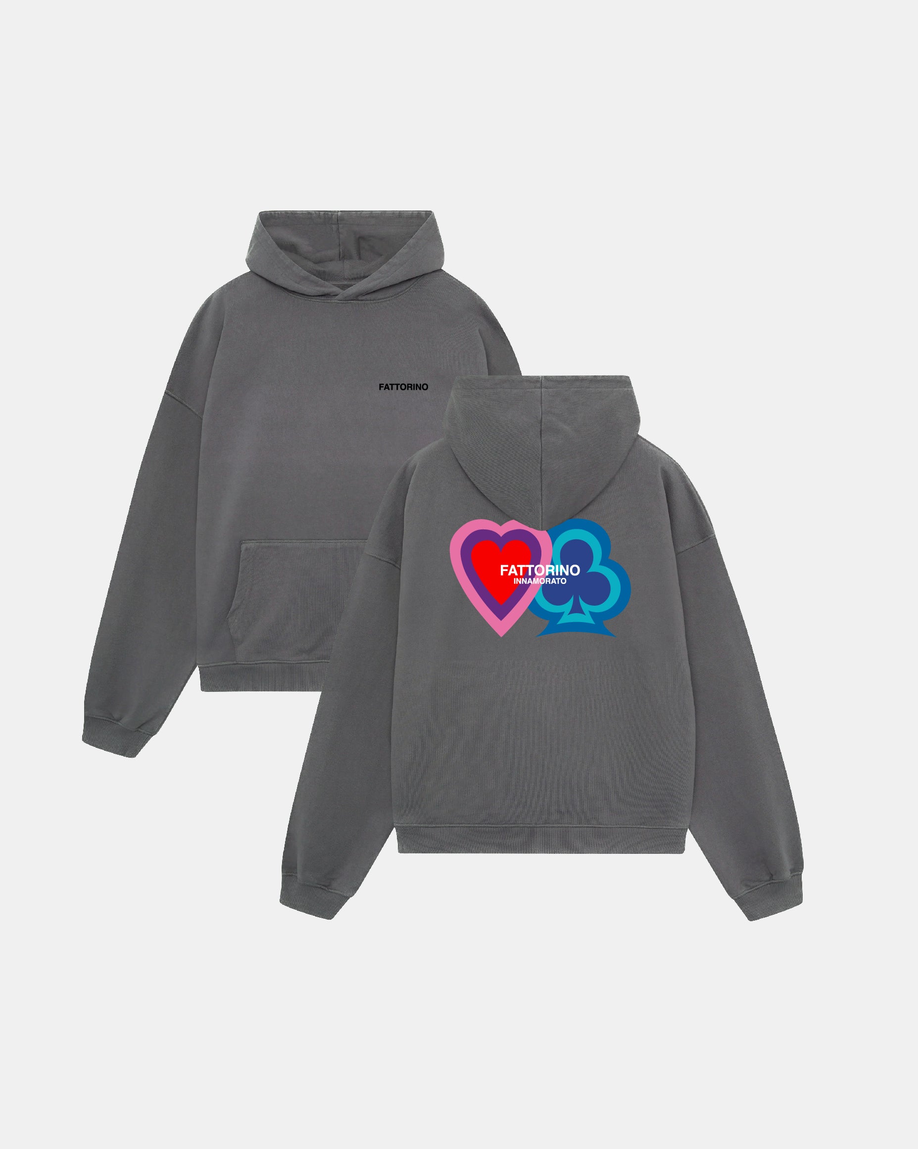 Dark grey hoodie with heart and four leaf clover love and luck fattorino innamorato  