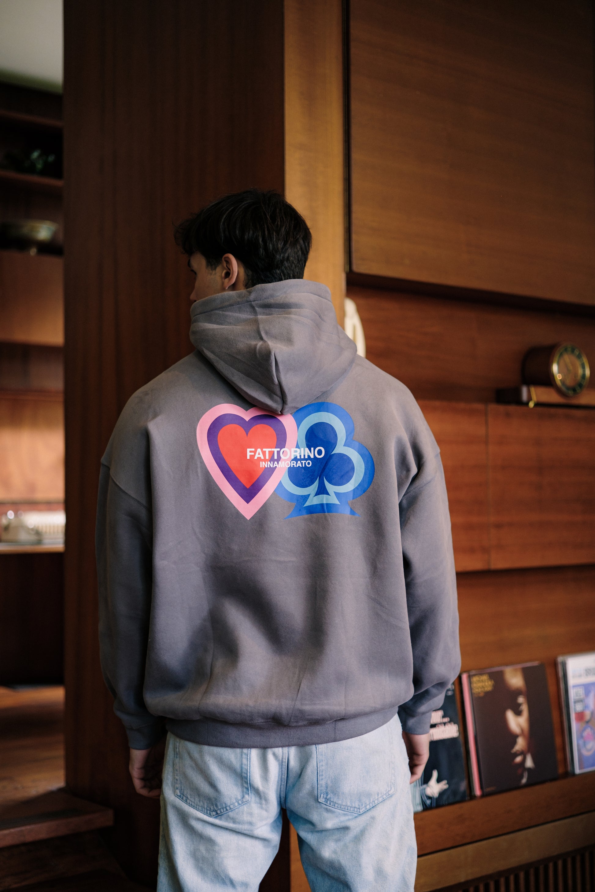 Dark grey hoodie with heart and four leaf clover love and luck fattorino innamorato  back