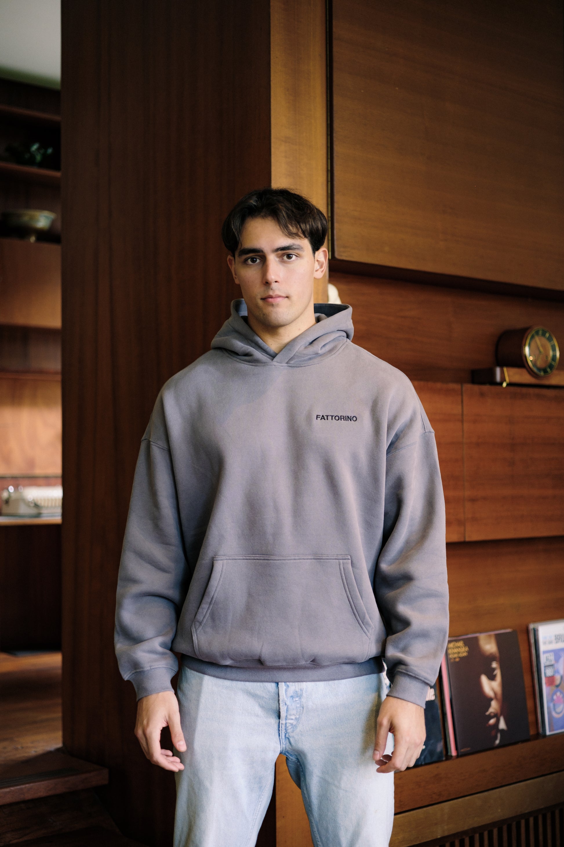 Dark grey hoodie with heart and four leaf clover love and luck fattorino innamorato  front