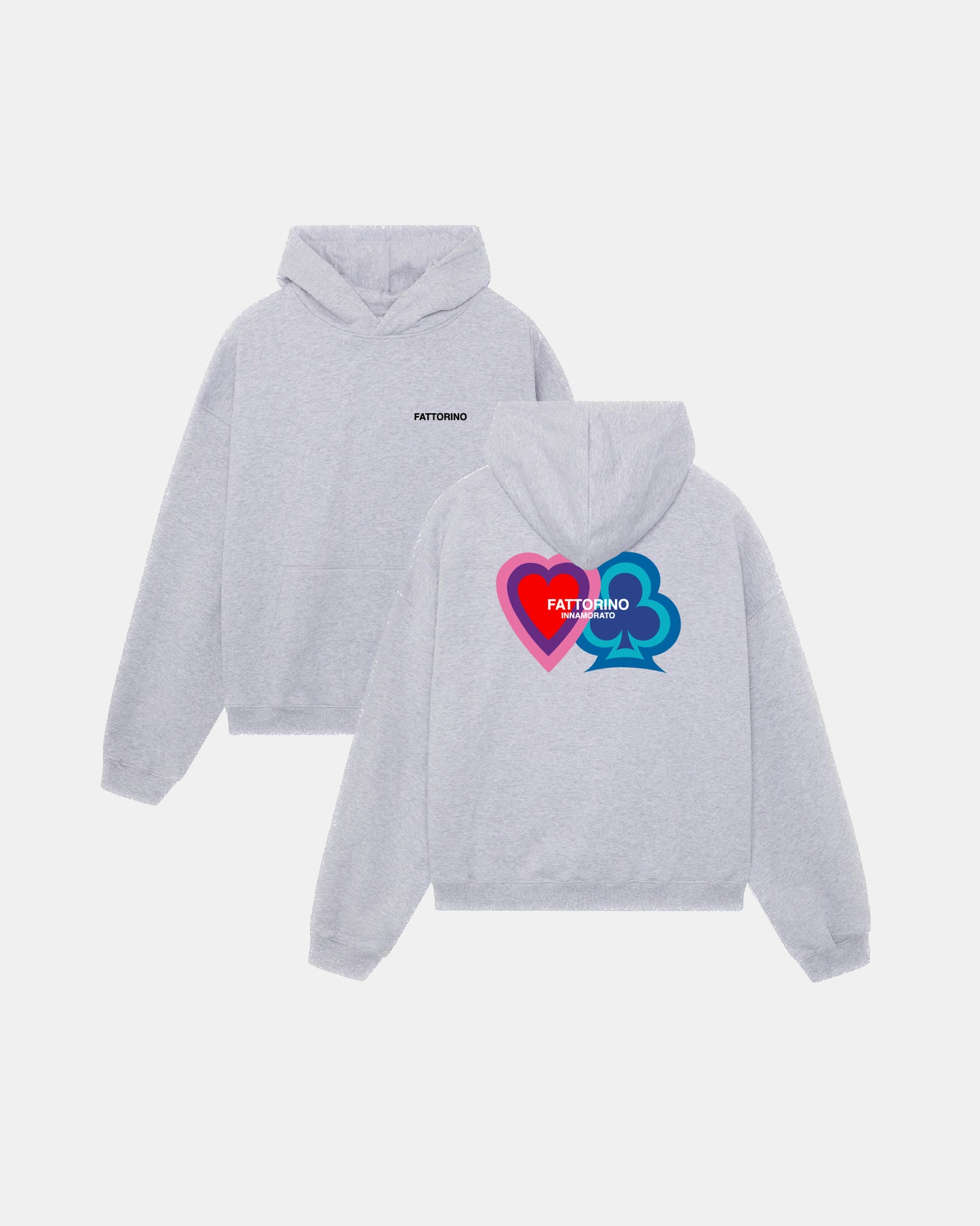 Light grey hoodie with heart and four leaf clover love and luck fattorino innamorato  