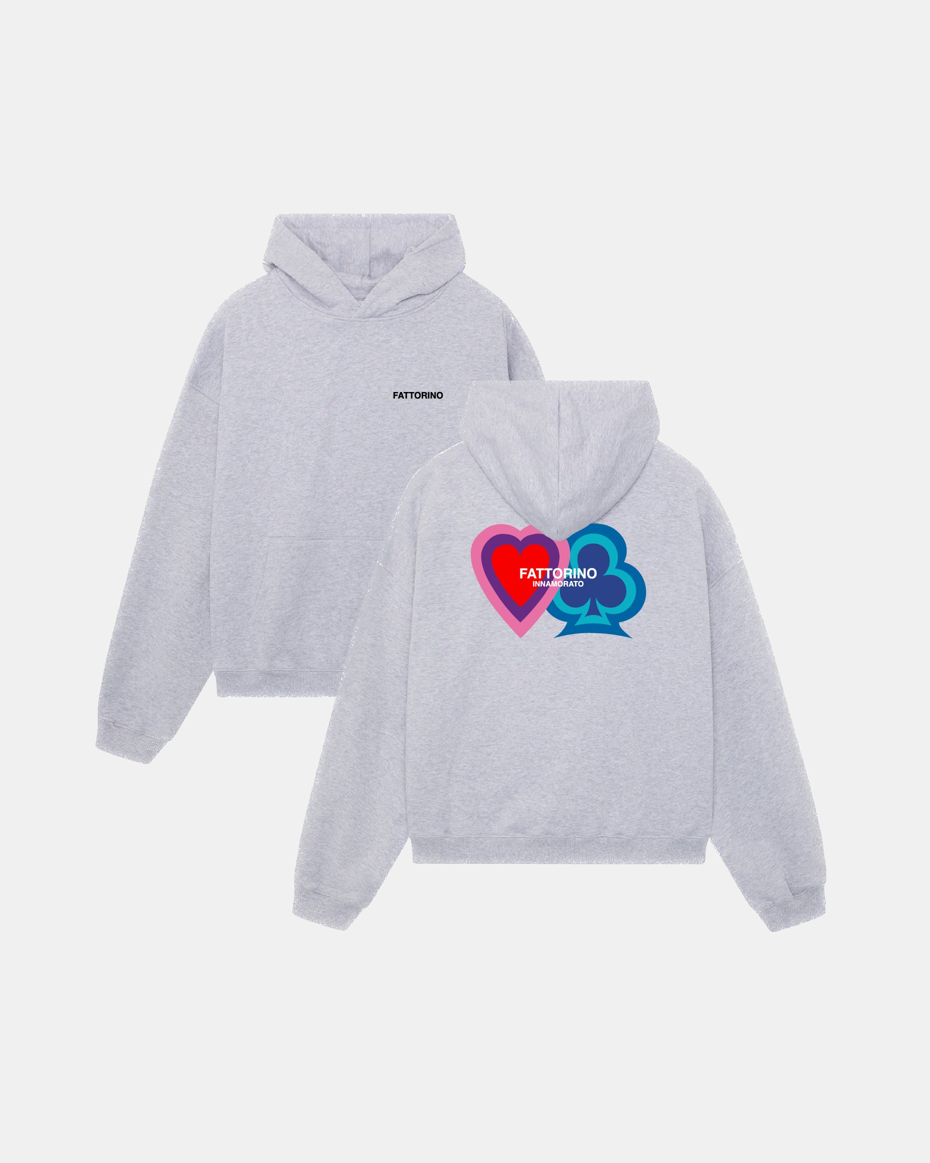 Light grey hoodie with heart and four leaf clover love and luck fattorino innamorato  