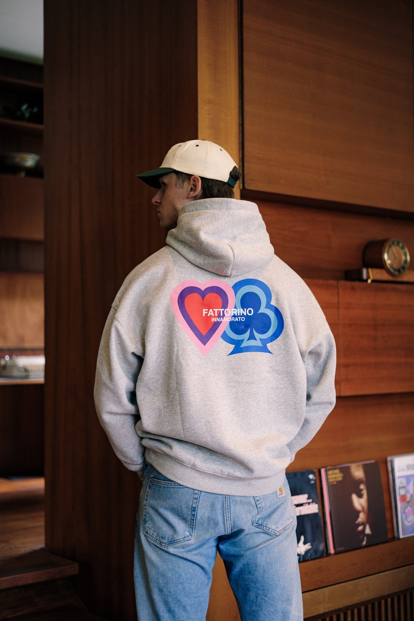 Light grey hoodie with heart and four leaf clover love and luck fattorino innamorato  back