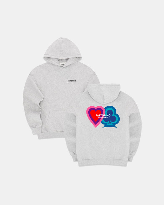 Gray hoodies with colorful graphic heart and clover design on a white background. Fattorino Innamorato