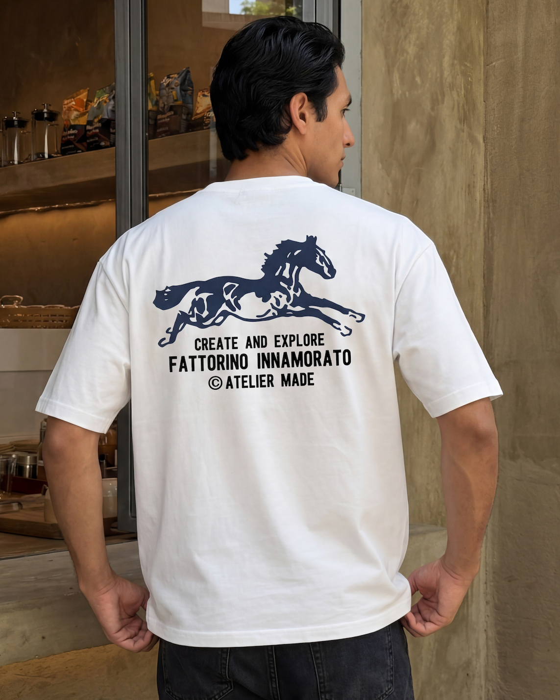 White t-shirt with black horse graphic and text on a white background. Fattorino Innamorato Cavallo White