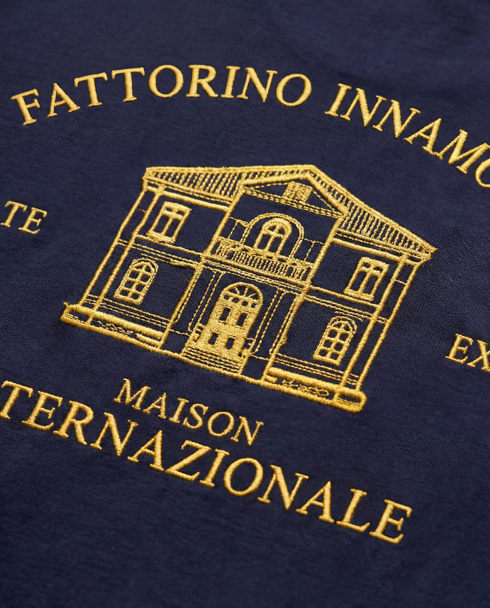Fattorino Innamorato. Navy longsleeve, yellow embroidery. Maison Internazionale. Create and explore. 