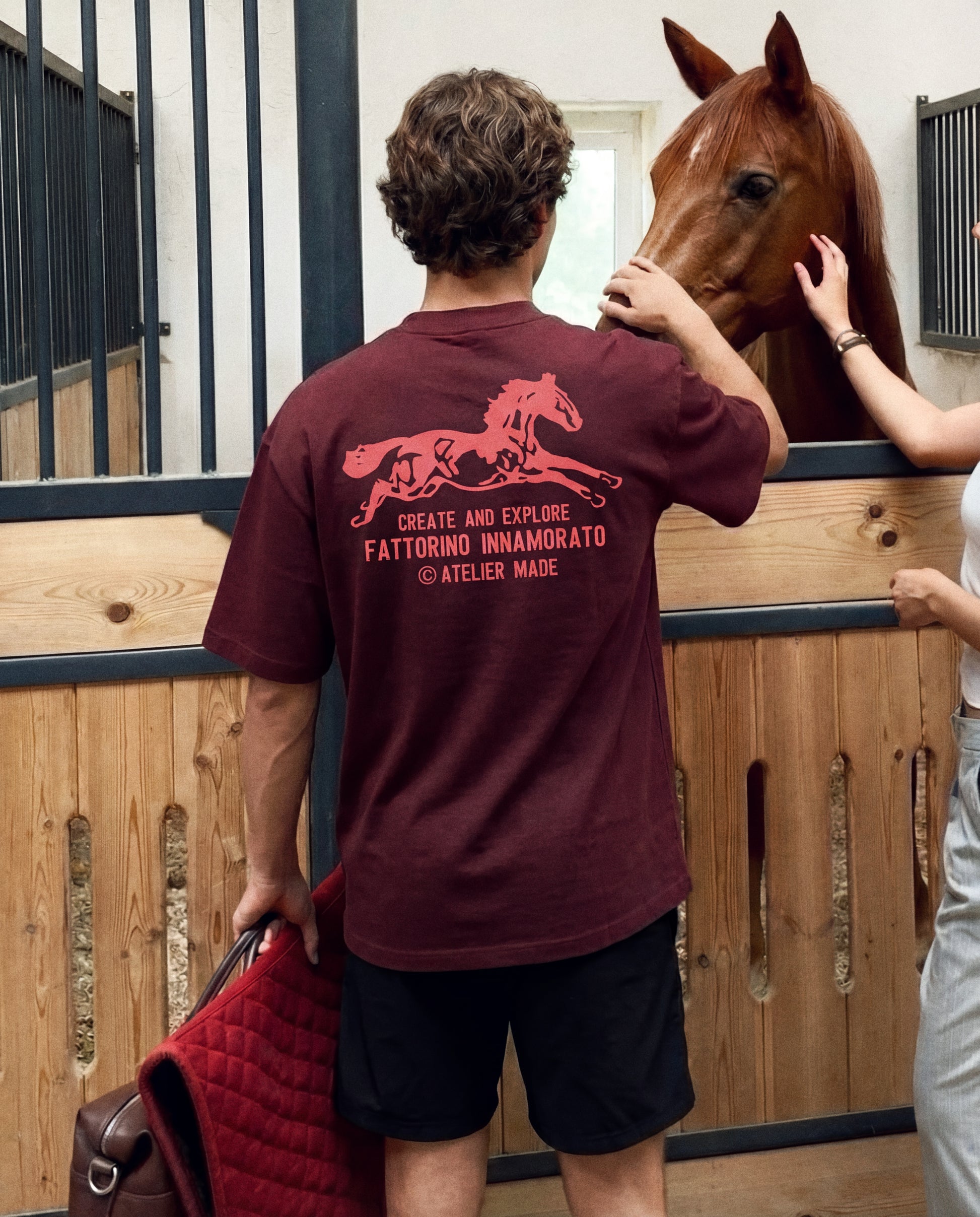 Burgundy red t-shirt with a horse graphic and text on the back against a white background. Fattorino Innamorato cavallo burgundy red 